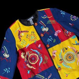 Embroidered Patchwork Jacket Medium Indigo Moon Red Blue Yellow Button Up Floral